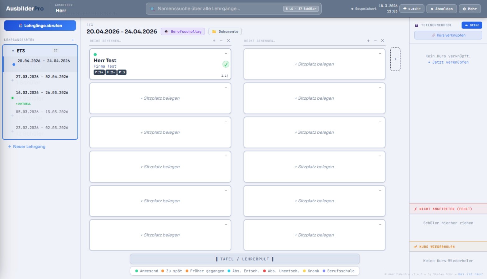 AusbilderPro – Digitaler Sitzplan mit Anwesenheit und Noten